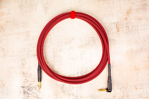 15' TRS in Red with Neutrik Right Angle TRS Gold (connected to instrument) to Neutrik Straight TRS Gold