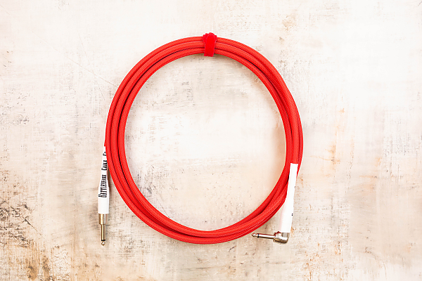 15' Standard in Bullseye Red with Neutrik Straight Nickel to Neutrik Right Angle Nickel (White Shrink Tubes)