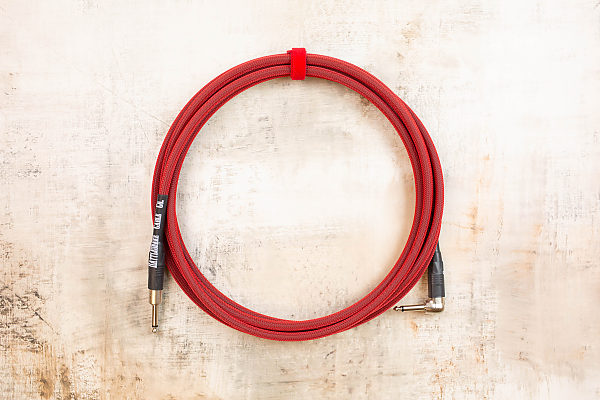 15' Standard in Red with Neutrik Straight Nickel to Neutrik Right Angle Nickel