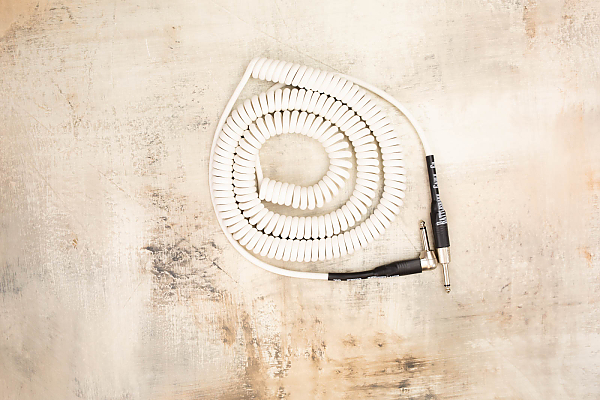 25' Retro Coily Cable with Neutrik Right Angle Nickel to Neutrik Straight Nickel (White PVC) with Black Tubes